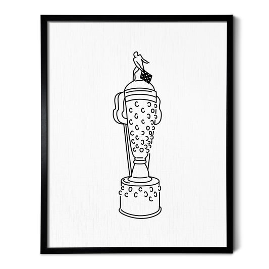 A line art drawing of the Indy Car Borg Warner Trophy on white linen paper in a thin black picture frame