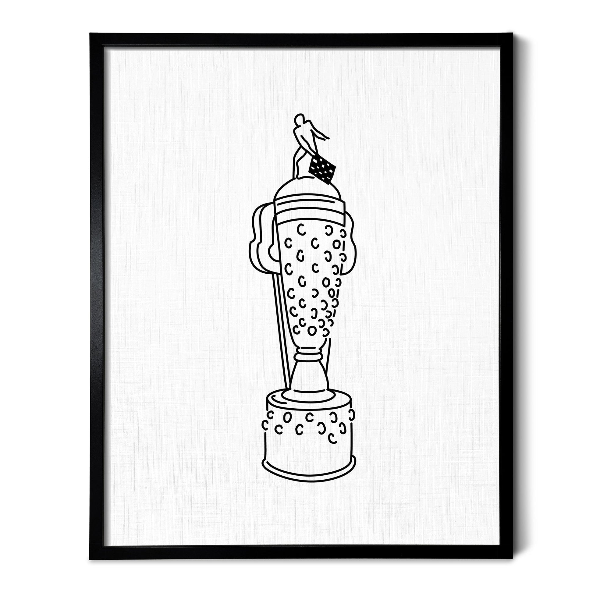 A line art drawing of the Indy Car Borg Warner Trophy on white linen paper in a thin black picture frame