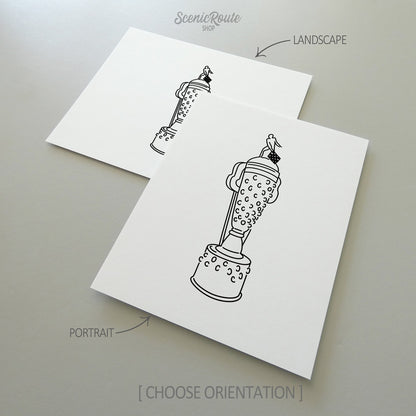 Two line art drawings of the Indy Car Borg Warner Trophy on white linen paper with a gray background.  The pieces are shown in portrait and landscape orientation for the available art print options.