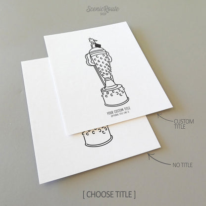 Two line art drawings of the Indy Car Borg Warner Trophy on white linen paper with a gray background.  The pieces are shown with “No Title” and “Custom Title” options for the available art print options.