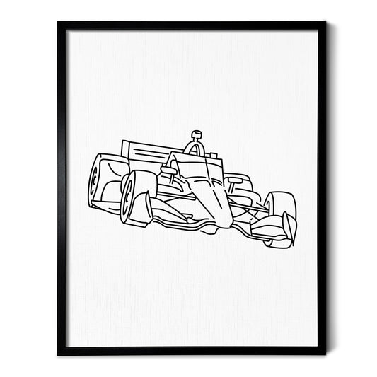 A line art drawing of an Indy Car on white linen paper in a thin black picture frame