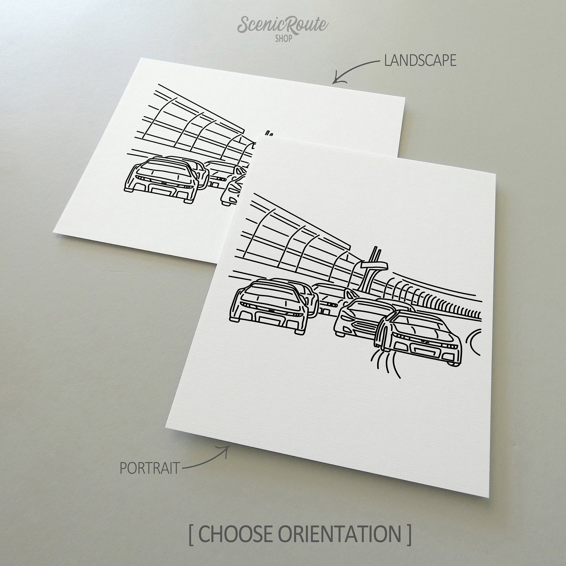 Two line art drawings of Nascar on white linen paper with a gray background.  The pieces are shown in portrait and landscape orientation for the available art print options.