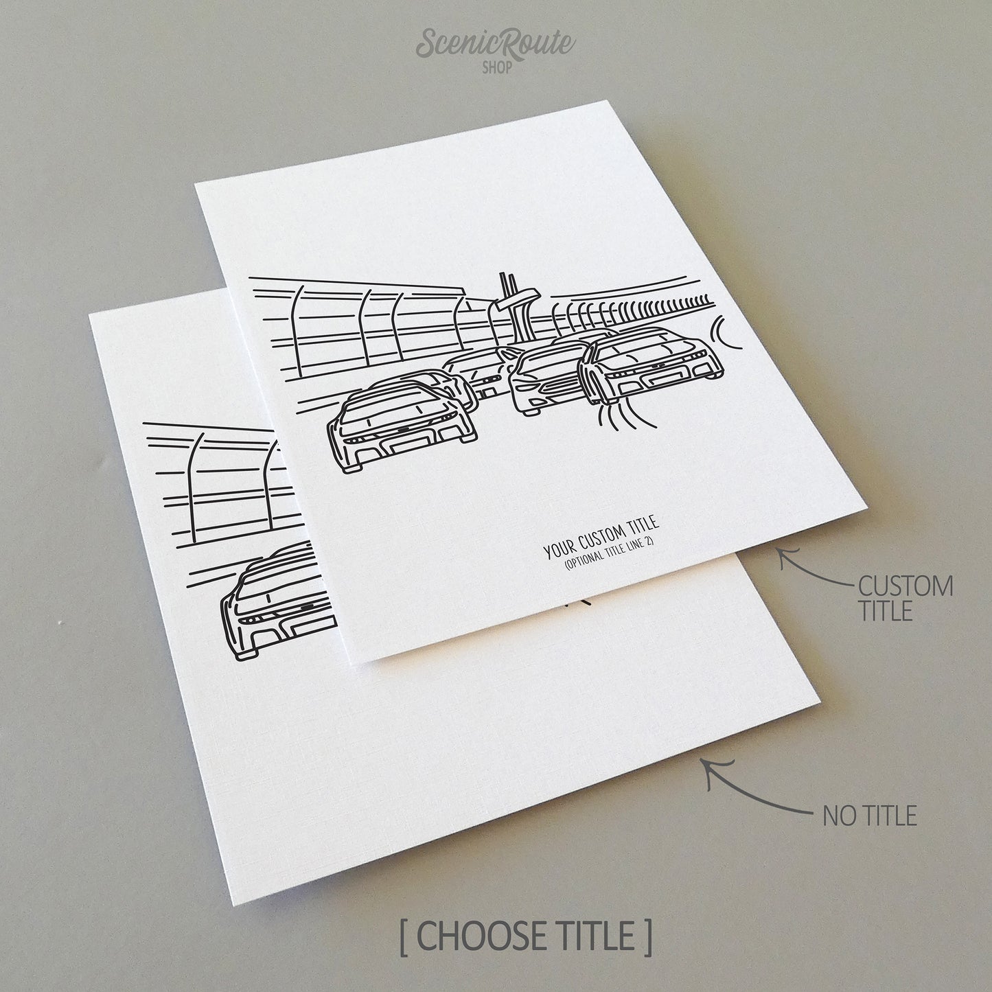 Two line art drawings of the Nascar Daytona 500 Track on white linen paper with a gray background.  The pieces are shown with “No Title” and “Custom Title” options for the available art print options.