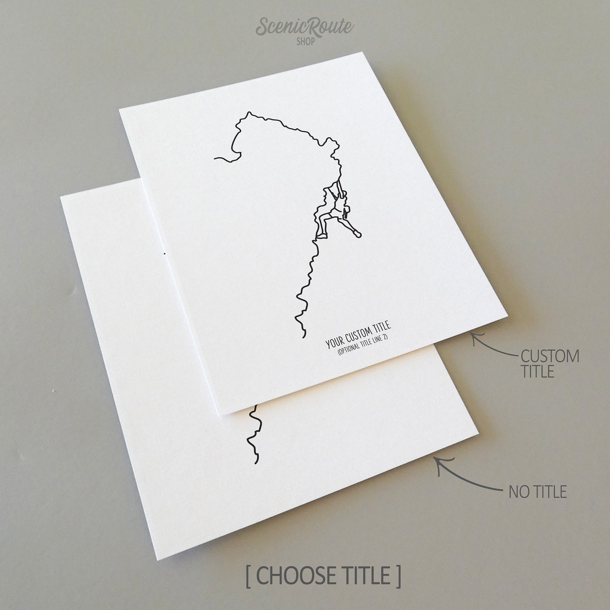 Two line art drawings of a climber Rock Climbing on white linen paper with a gray background.  The pieces are shown with “No Title” and “Custom Title” options for the available art print options.