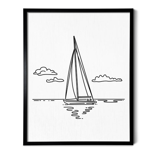 A line art drawing of Sailing on white linen paper in a thin black picture frame