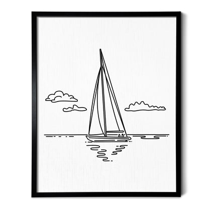 A line art drawing of Sailing on white linen paper in a thin black picture frame