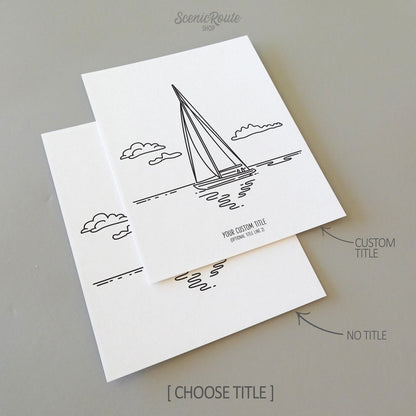 Two line art drawings of a sailboat sailing on white linen paper with a gray background.  The pieces are shown with “No Title” and “Custom Title” options for the available art print options.