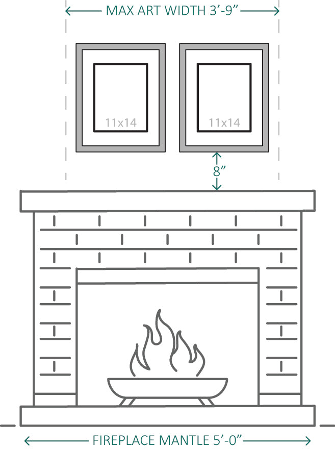 A diagram for recommended artwork sizes above a fireplace