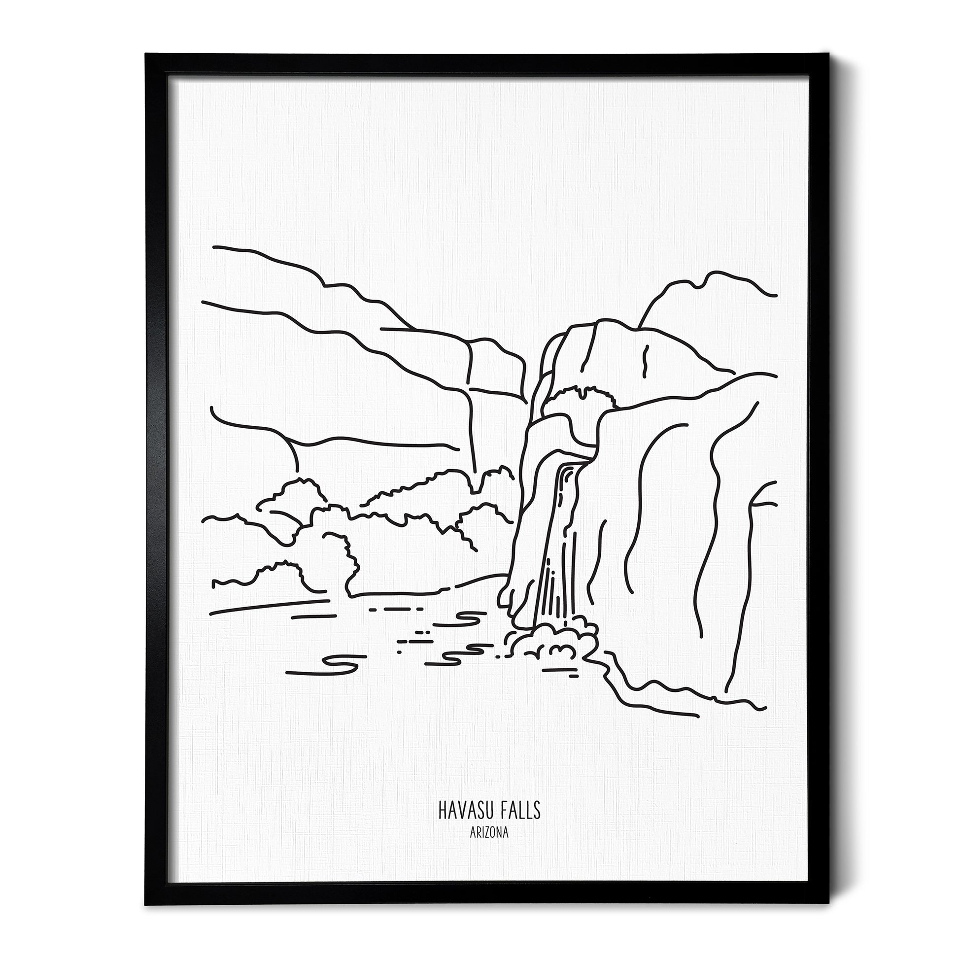 A line art drawing of Havasu Falls in Arizona on white linen paper in a thin black picture frame