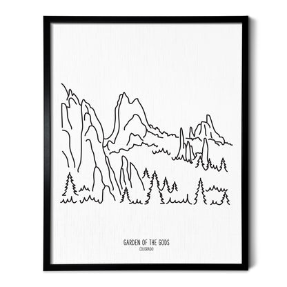 A line art drawing of the Garden of the Gods in Colorado on white linen paper in a thin black picture frame