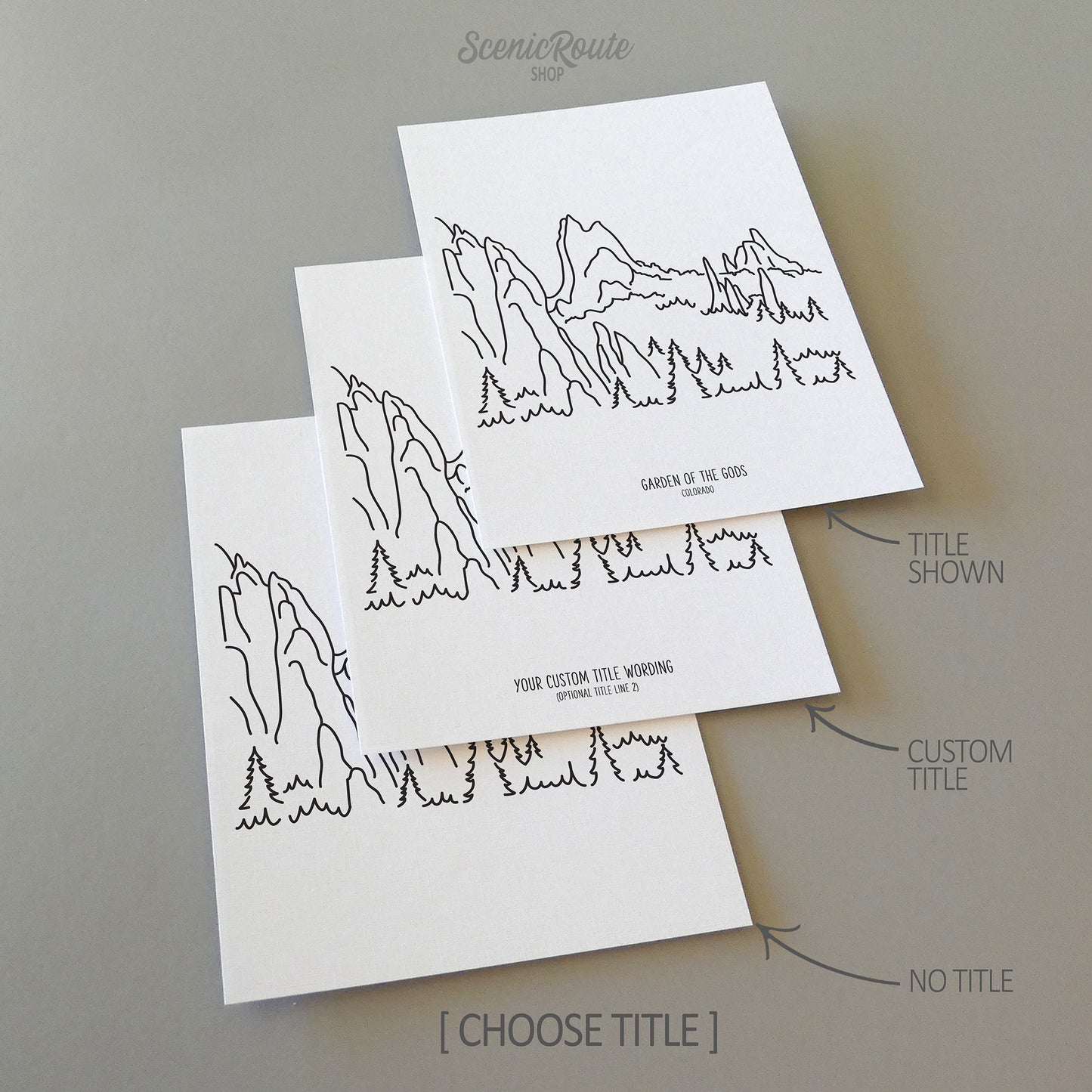 Three line art drawings of the Garden of the Gods in Colorado on white linen paper with a gray background.  The pieces are shown with title options that can be chosen and personalized.