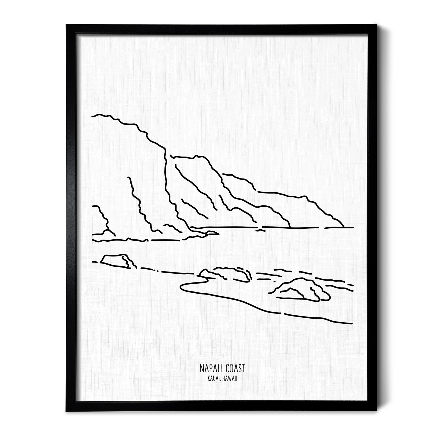 A line art drawing of the NaPali coast in Kauai Hawaii on white linen paper in a thin black picture frame