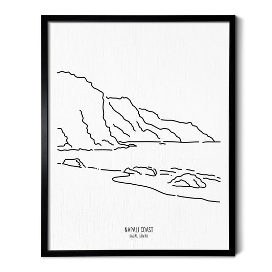 A line art drawing of the NaPali coast in Kauai Hawaii on white linen paper in a thin black picture frame