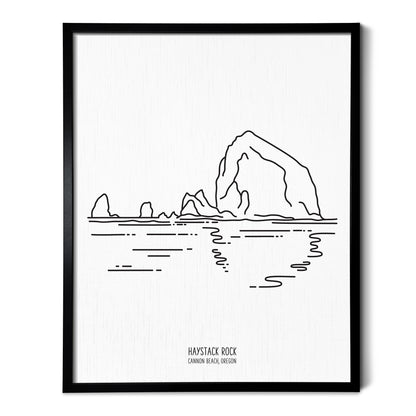 A line art drawing of Haystack Rock in Oregon on white linen paper in a thin black picture frame