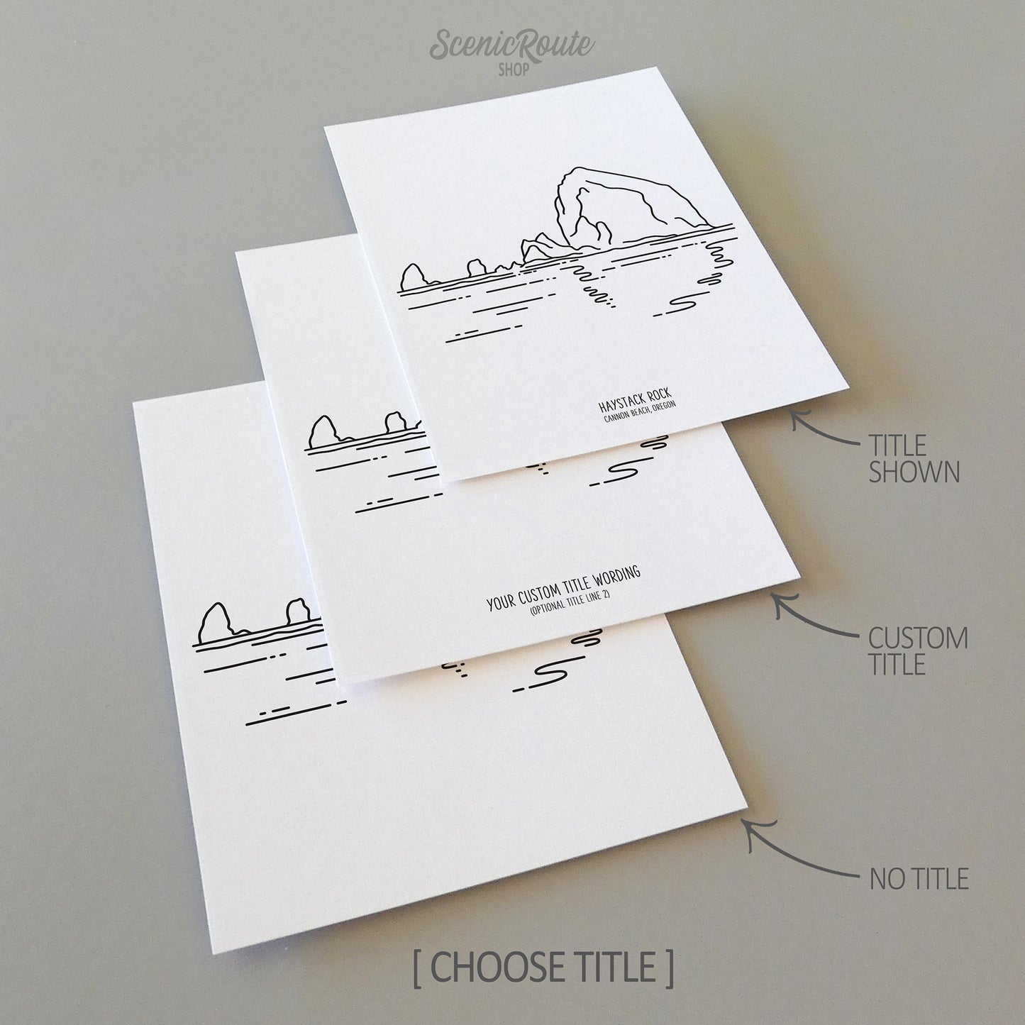 Three line art drawings of Haystack Rock in Oregon on white linen paper with a gray background.  The pieces are shown with title options that can be chosen and personalized.