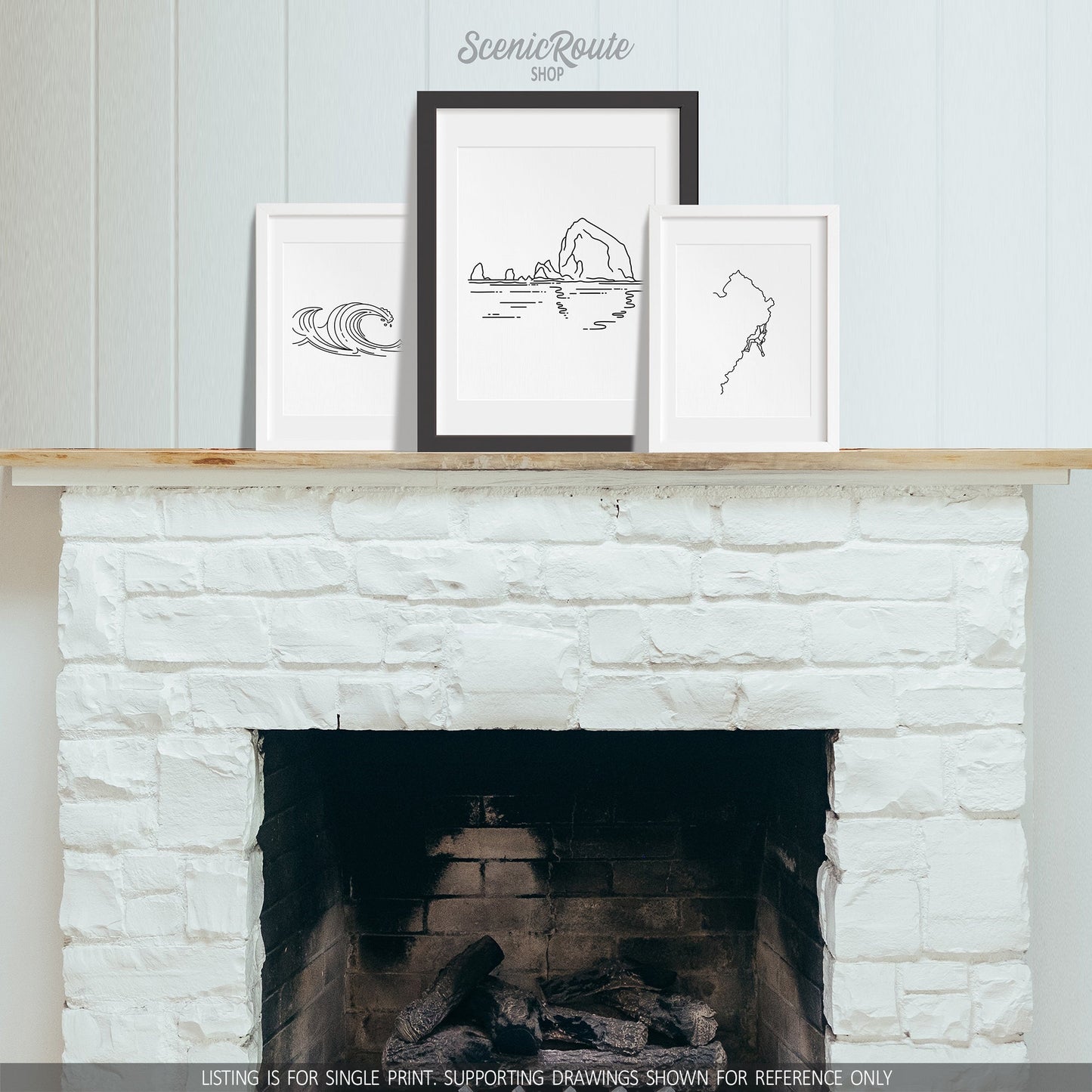 A group of three framed drawings on a fireplace mantle. The line art drawings include Waves, Haystack Rock, and Rock Climbing