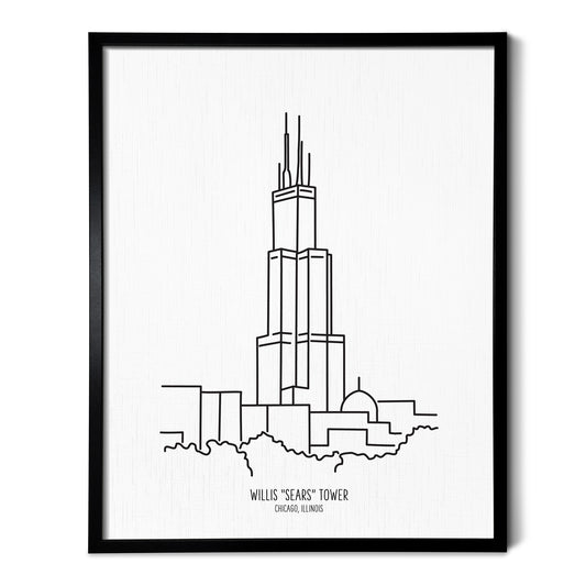Custom line art drawings of the Chicago "Sears" Willis Tower Building on white linen paper in a thin black picture frames