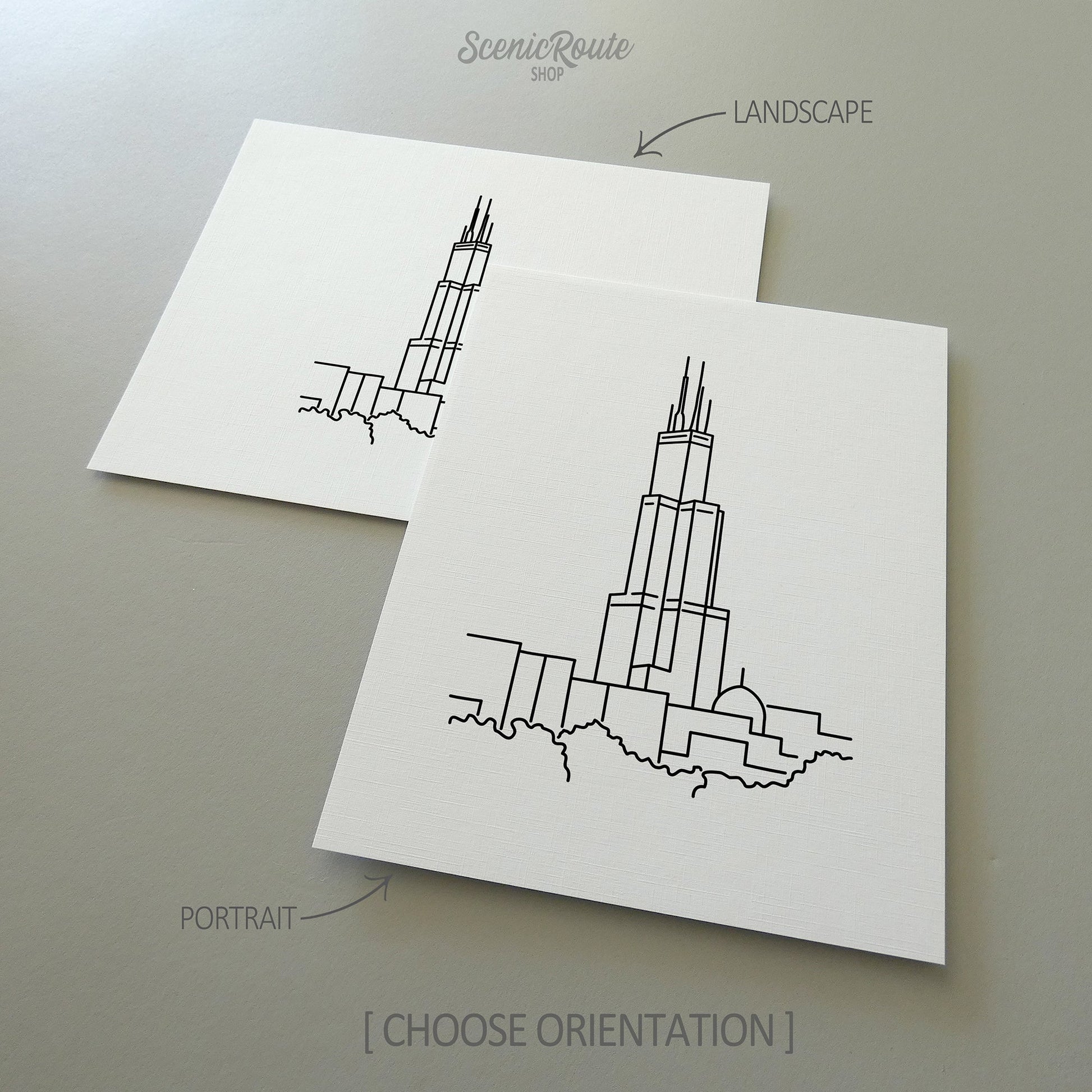 Two line art drawings of the Willis Sears Tower on white linen paper with a gray background.  The pieces are shown in portrait and landscape orientation for the available art print options.