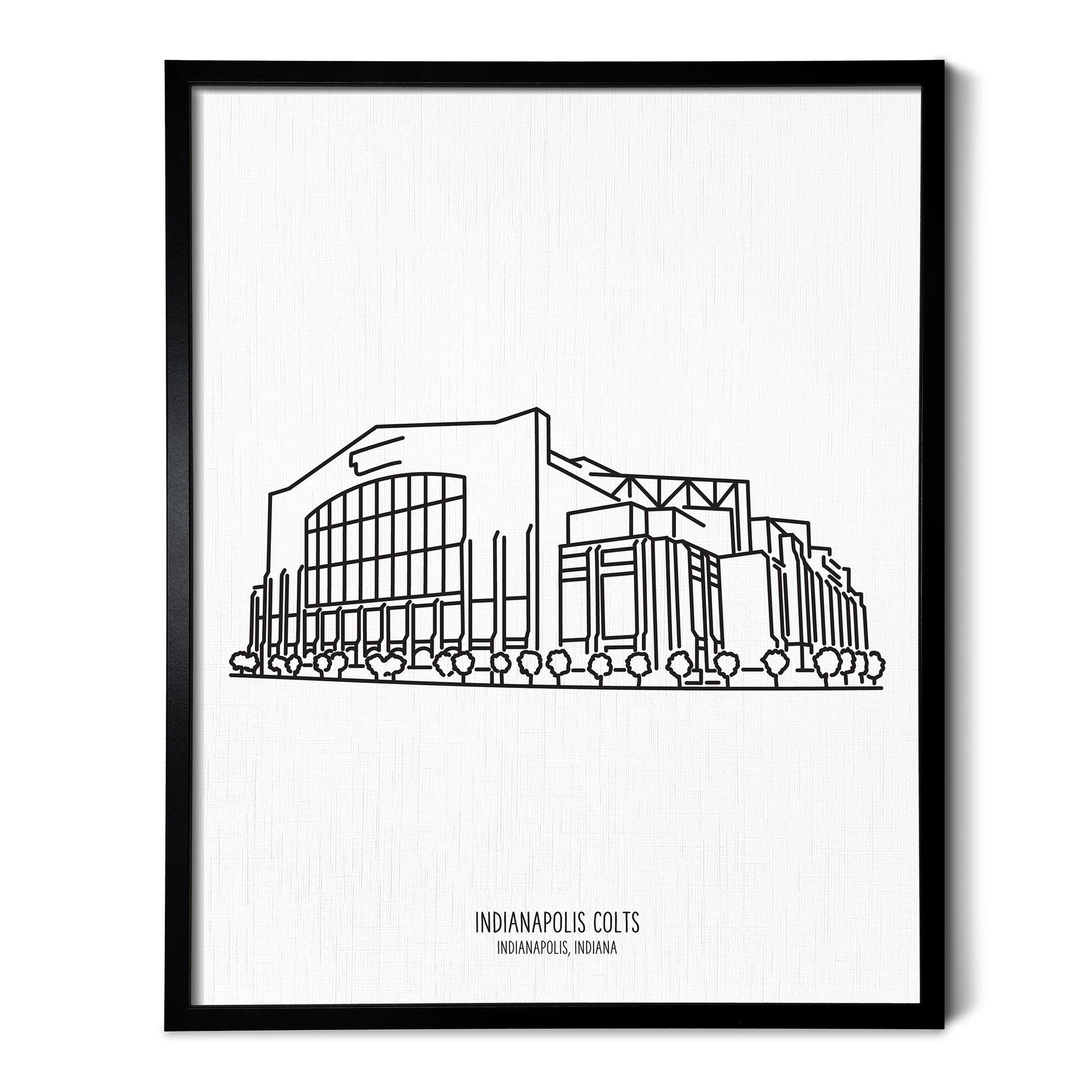 Custom line art drawings of the Indianapolis Colts Stadium on white linen paper in a thin black picture frames
