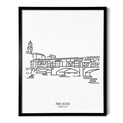 Custom line art drawings of the Ponte Vecchio Bridge in Florence Italy on white linen paper in a thin black picture frames