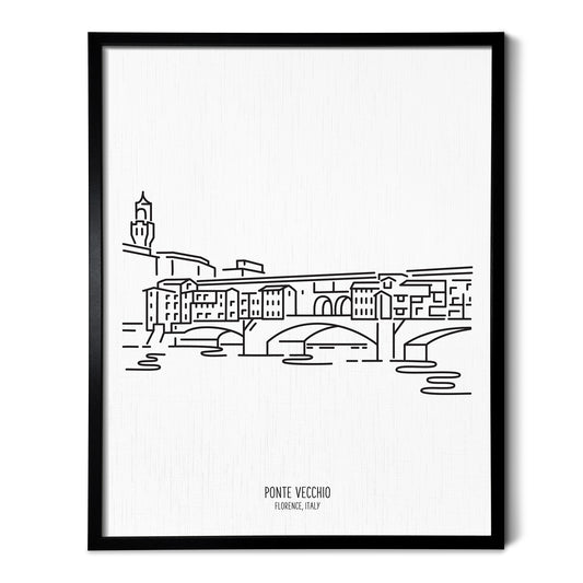 Custom line art drawings of the Ponte Vecchio Bridge in Florence Italy on white linen paper in a thin black picture frames