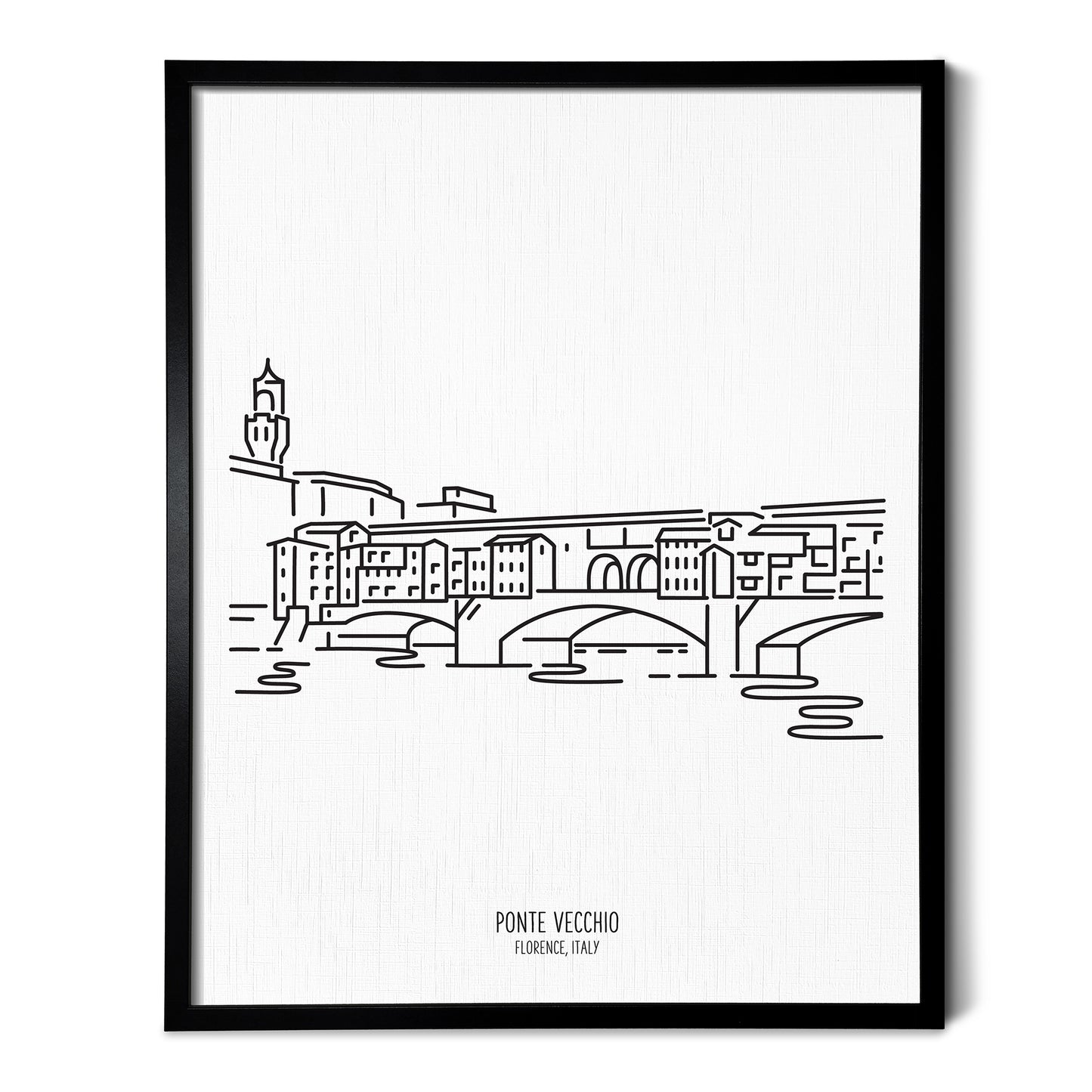 Custom line art drawings of the Ponte Vecchio Bridge in Florence Italy on white linen paper in a thin black picture frames