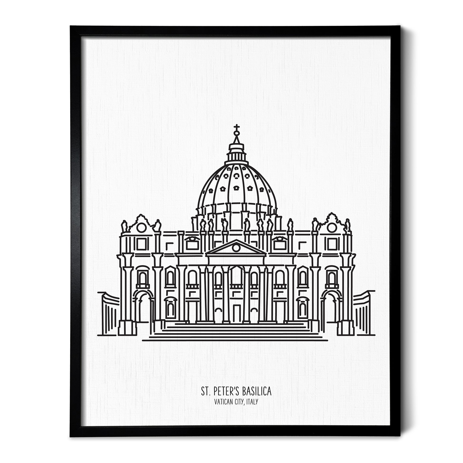 Custom line art drawings of Saint Peters Basilica in Rome Italy on white linen paper in a thin black picture frames