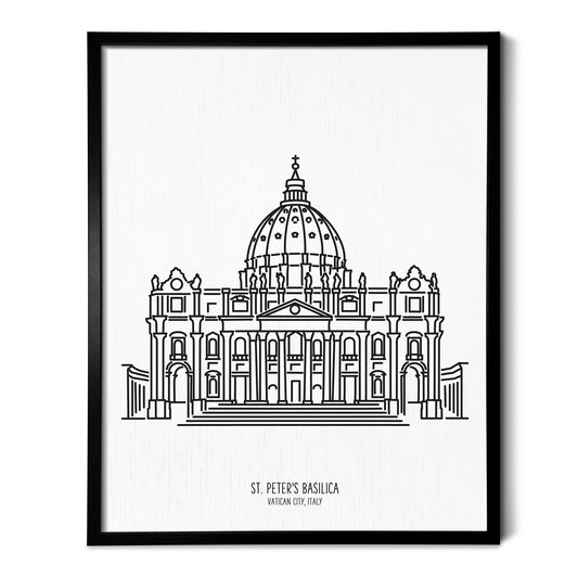 Custom line art drawings of Saint Peters Basilica in Rome Italy on white linen paper in a thin black picture frames