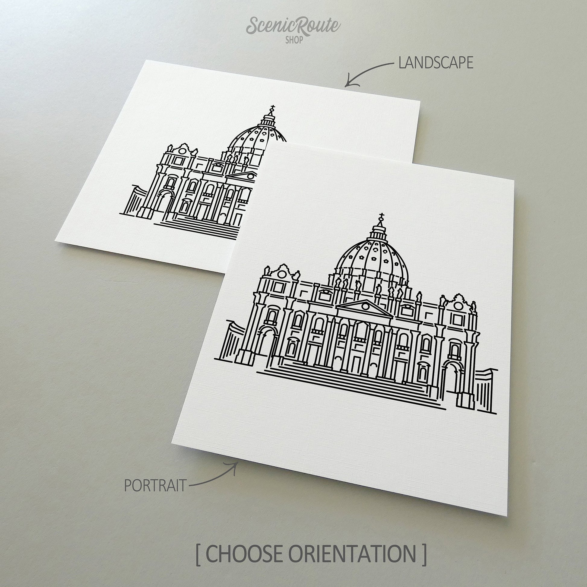 Two line art drawings of Saint Peters Basilica on white linen paper with a gray background.  The pieces are shown in portrait and landscape orientation for the available art print options.