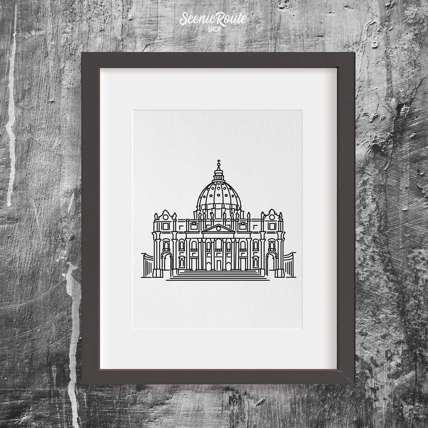 A framed line art drawing of Saint Peters Basilica