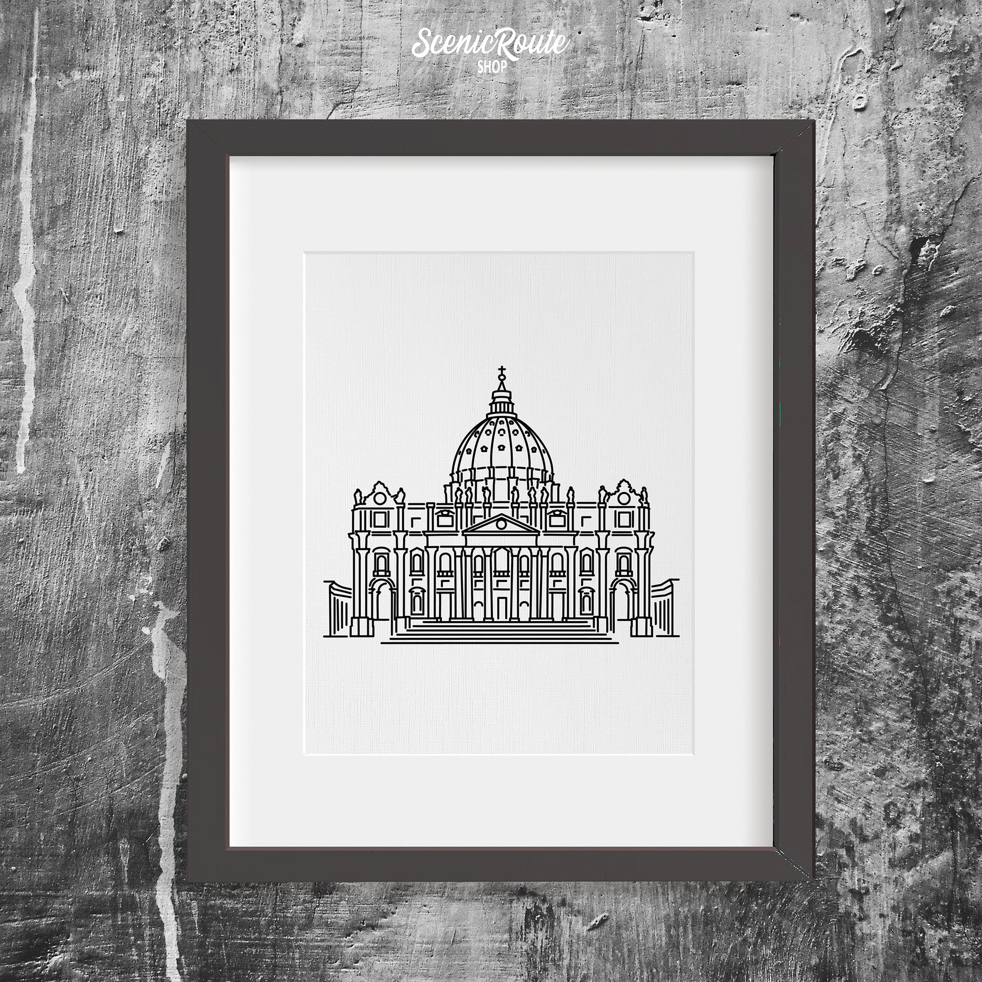A framed line art drawing of Saint Peters Basilica
