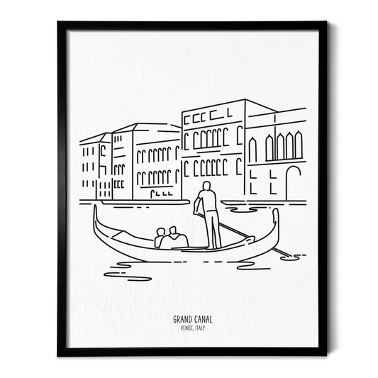 Custom line art drawings of a Gondola on the Grand Canal in Venice Italy on white linen paper in a thin black picture frames