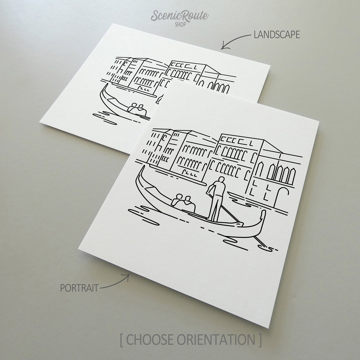 Two line art drawings of the Grand Canal on white linen paper with a gray background.  The pieces are shown in portrait and landscape orientation for the available art print options.