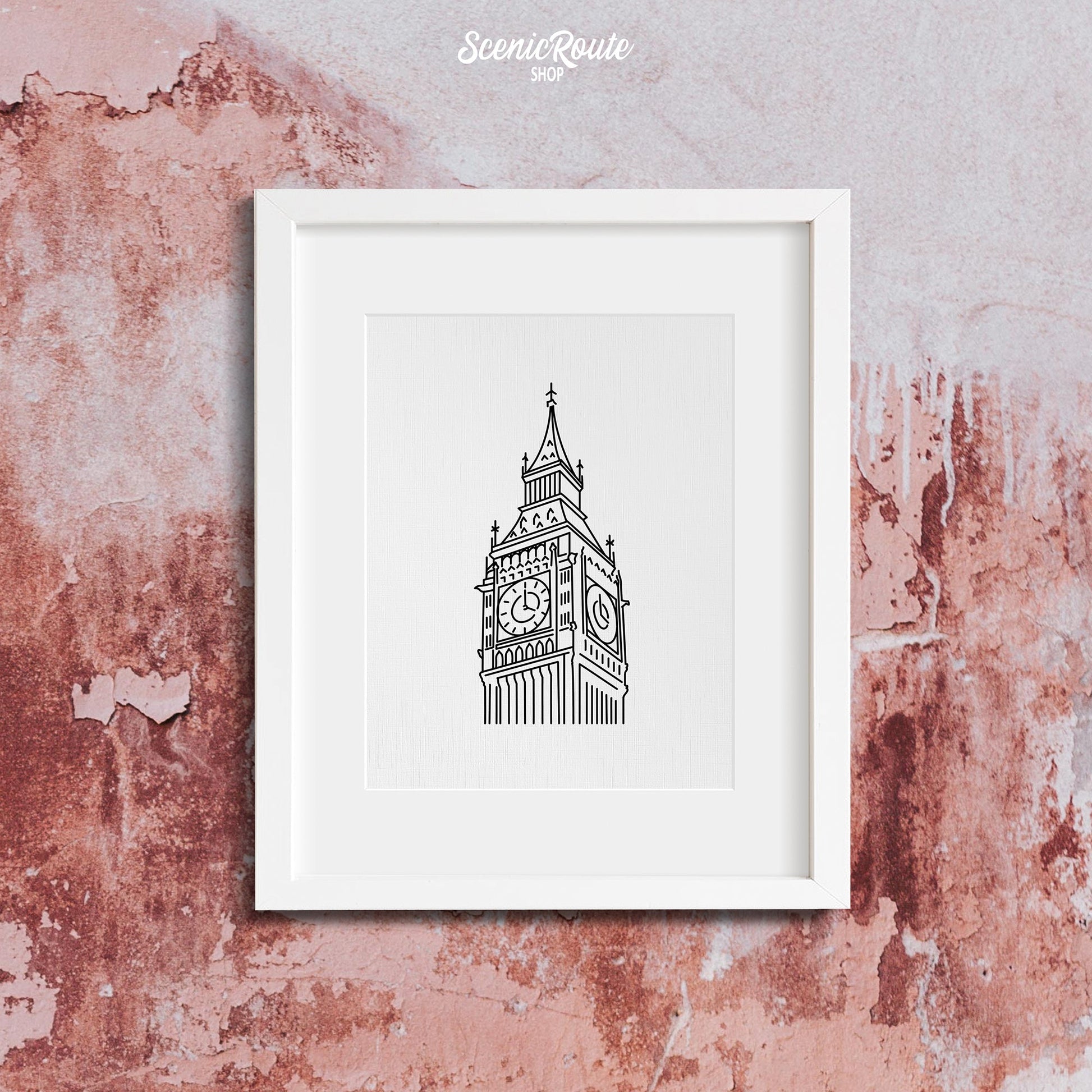 A framed line art drawing of Big Ben