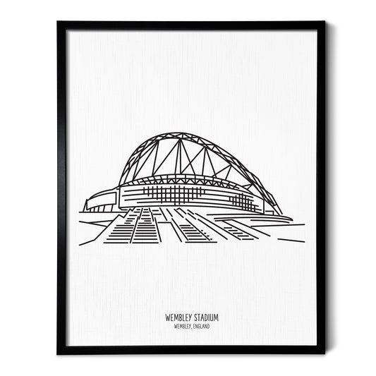 Custom line art drawings of Wembley Stadium in England on white linen paper in a thin black picture frames