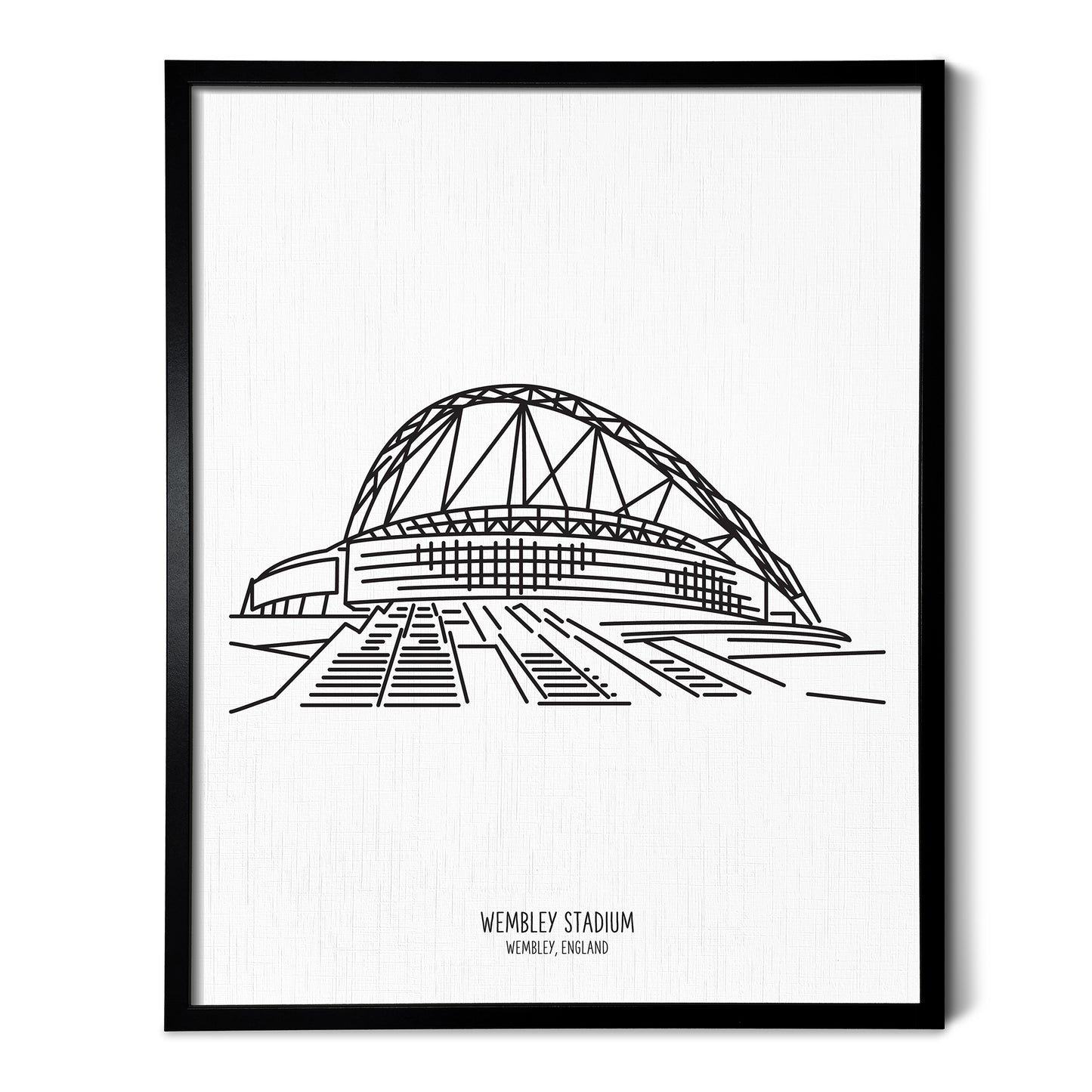 Custom line art drawings of Wembley Stadium in England on white linen paper in a thin black picture frames