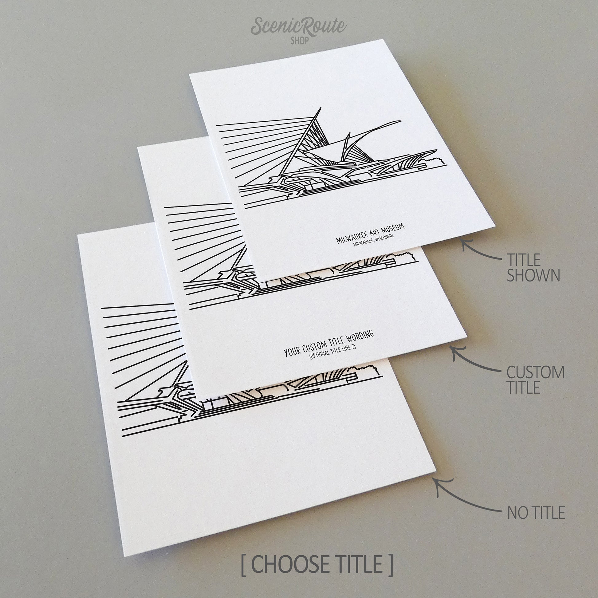 Three line art drawings of the Milwaukee Art Museum in Wisconsin on white linen paper with a gray background.  The pieces are shown with title options that can be chosen and personalized.