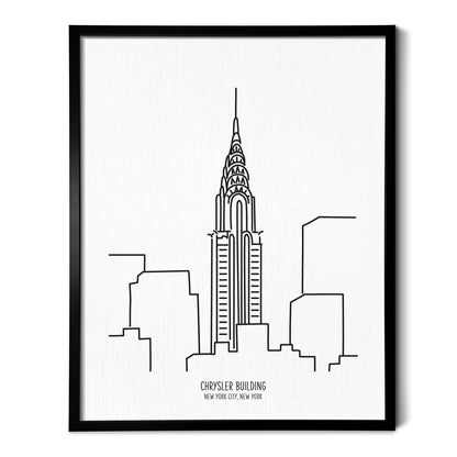 Custom line art drawings of the New York City Chrysler Building on white linen paper in a thin black picture frames