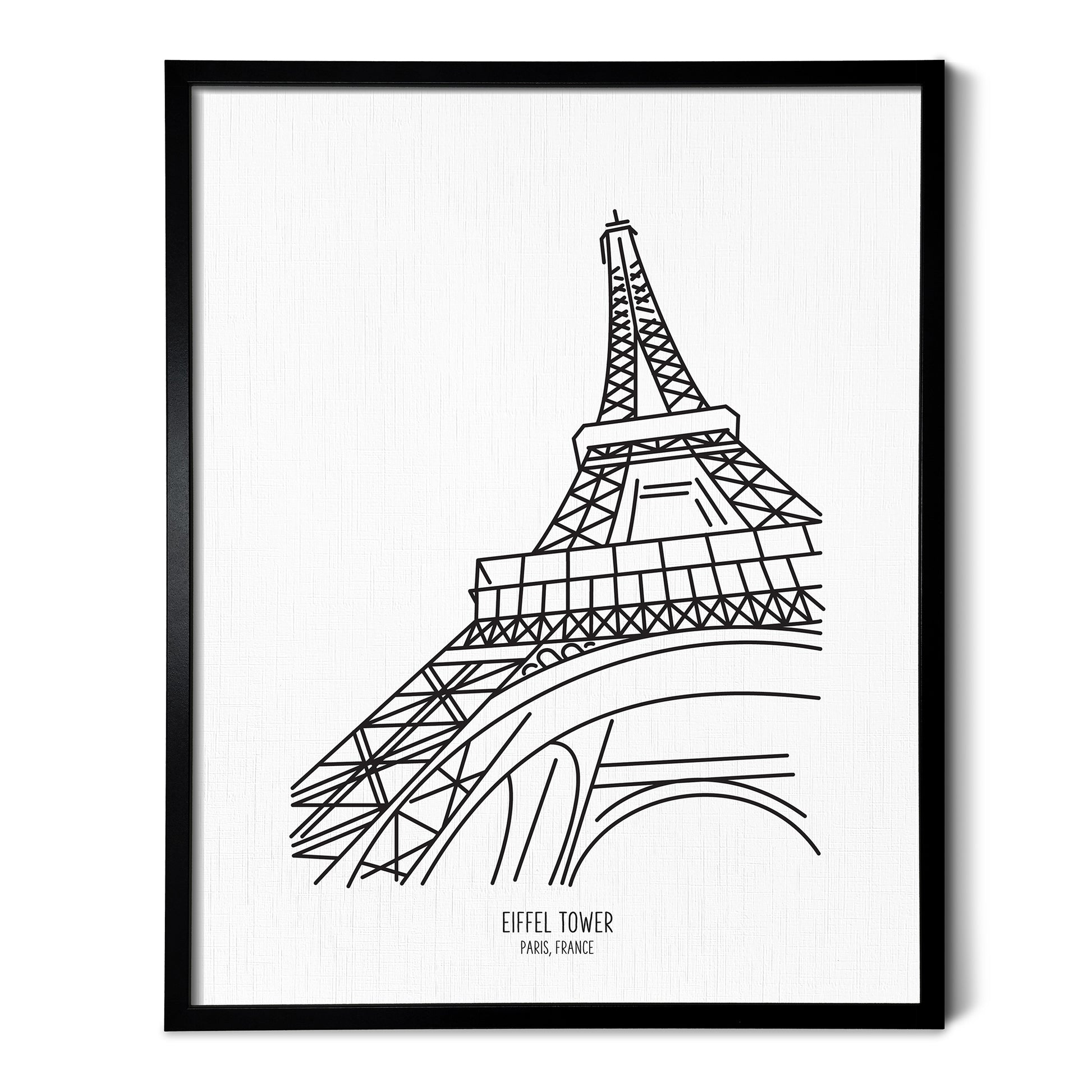 Custom line art drawings of the Eiffel Tower in Paris France on white linen paper in a thin black picture frames