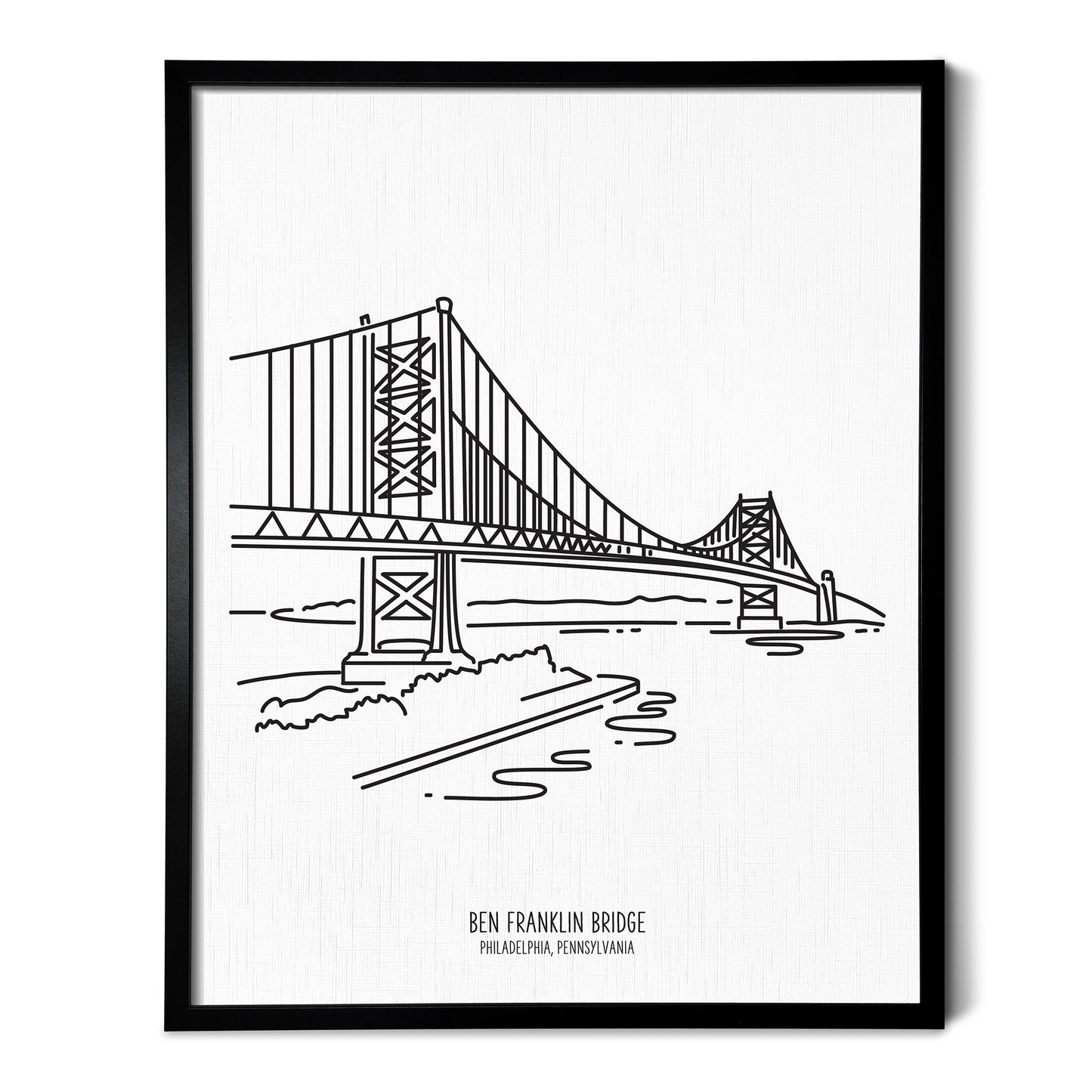Custom line art drawings of the Ben Franklin Bridge in Philadelphia Pennsylvania on white linen paper in a thin black picture frames