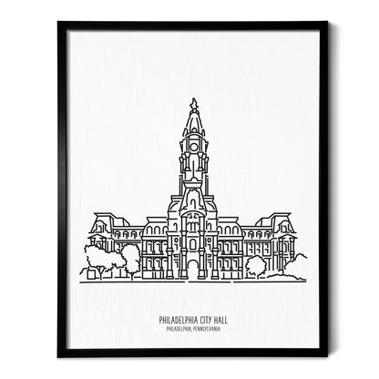 Custom line art drawings of the Philadelphia City Hall in Pennsylvania on white linen paper in a thin black picture frames