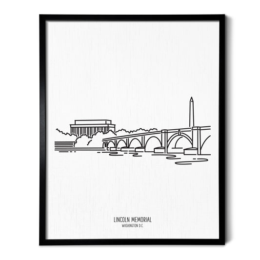 Custom line art drawings of the Lincoln Memorial in Washington DC on white linen paper in a thin black picture frames