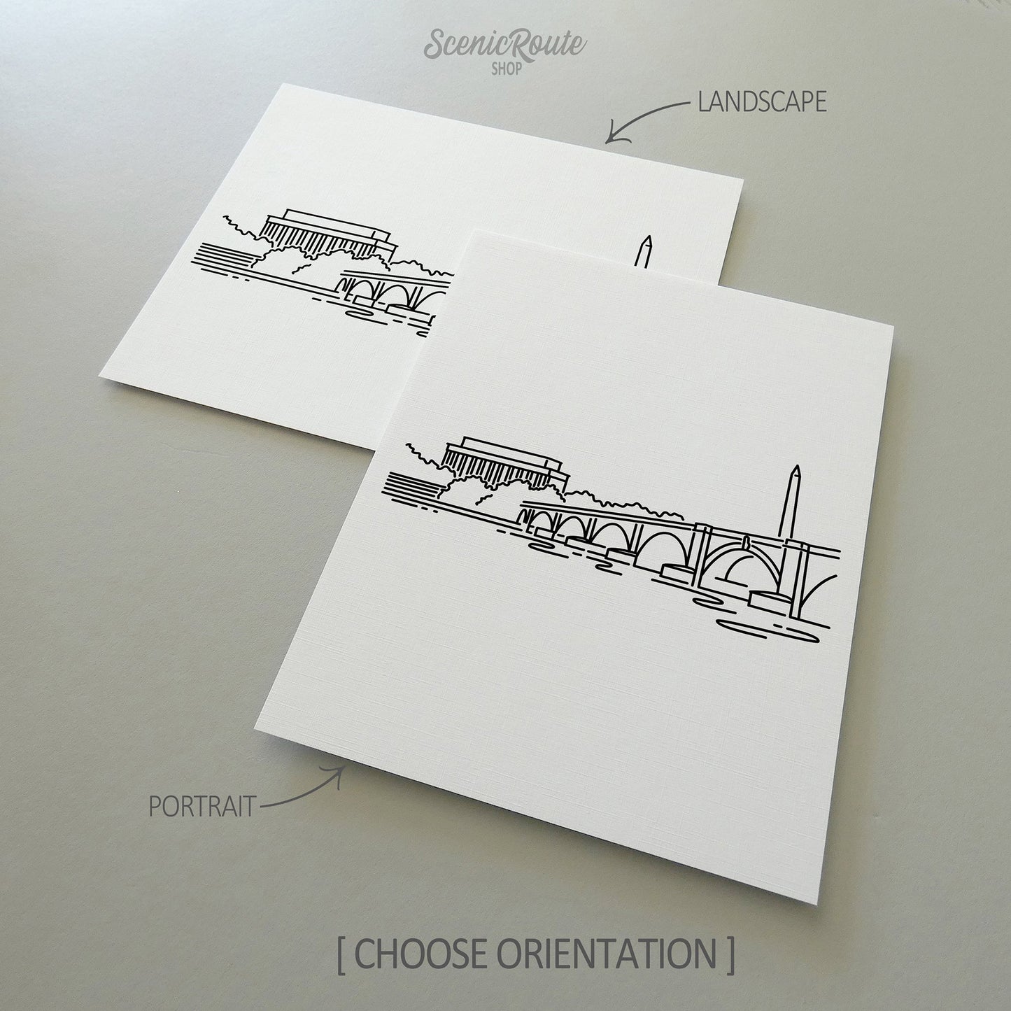 Two line art drawings of the Lincoln Memorial on white linen paper with a gray background.  The pieces are shown in portrait and landscape orientation for the available art print options.