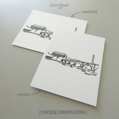 Two line art drawings of the Lincoln Memorial on white linen paper with a gray background.  The pieces are shown in portrait and landscape orientation for the available art print options.