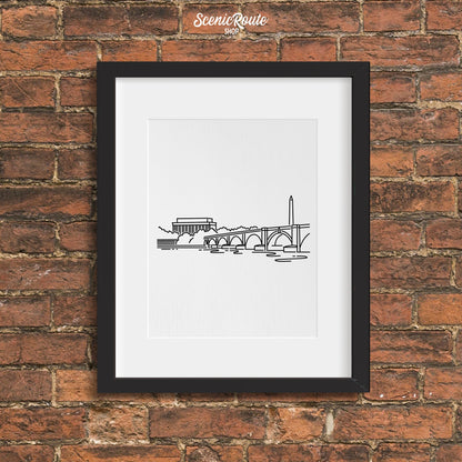 A framed line art drawing of the Lincoln Memorial