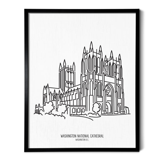 Custom line art drawings of the National Cathedral in Washington DC on white linen paper in a thin black picture frames