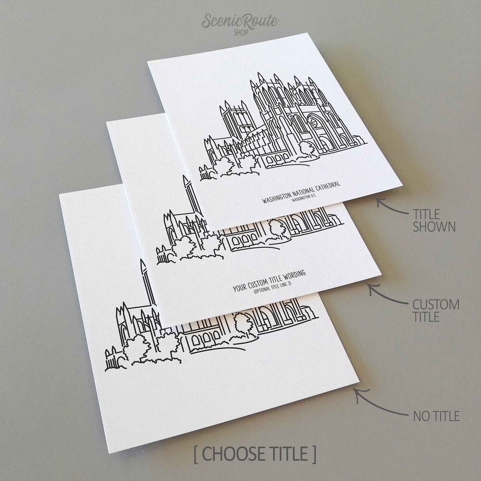 Three line art drawings of the National Cathedral in Washington DC on white linen paper with a gray background.  The pieces are shown with title options that can be chosen and personalized.