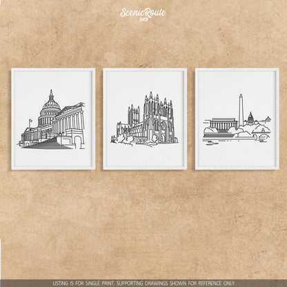 A group of three framed drawings on a stucco wall. The line art drawings include the Capitol Building, National Cathedral, and Washington DC Skyline