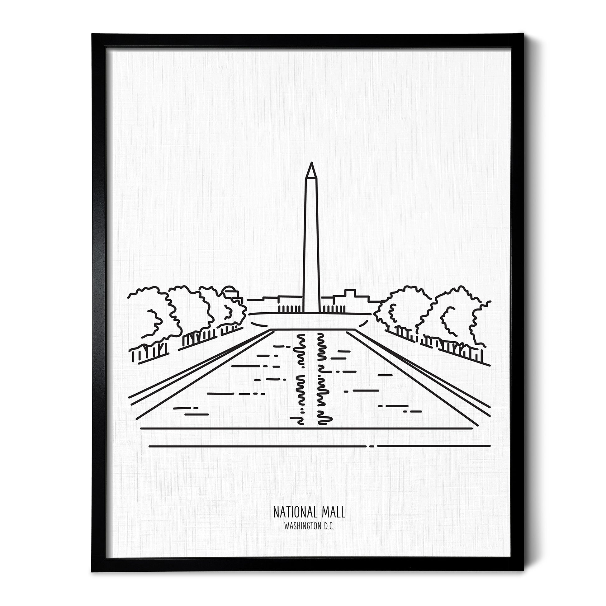 Custom line art drawings of the National Mall in Washington DC on white linen paper in a thin black picture frames