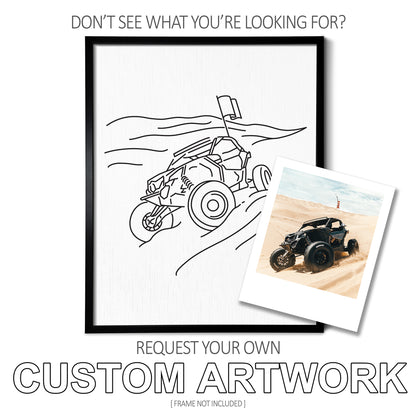 A custom line art drawing of a dune buggy on white linen paper in a thin black picture frame